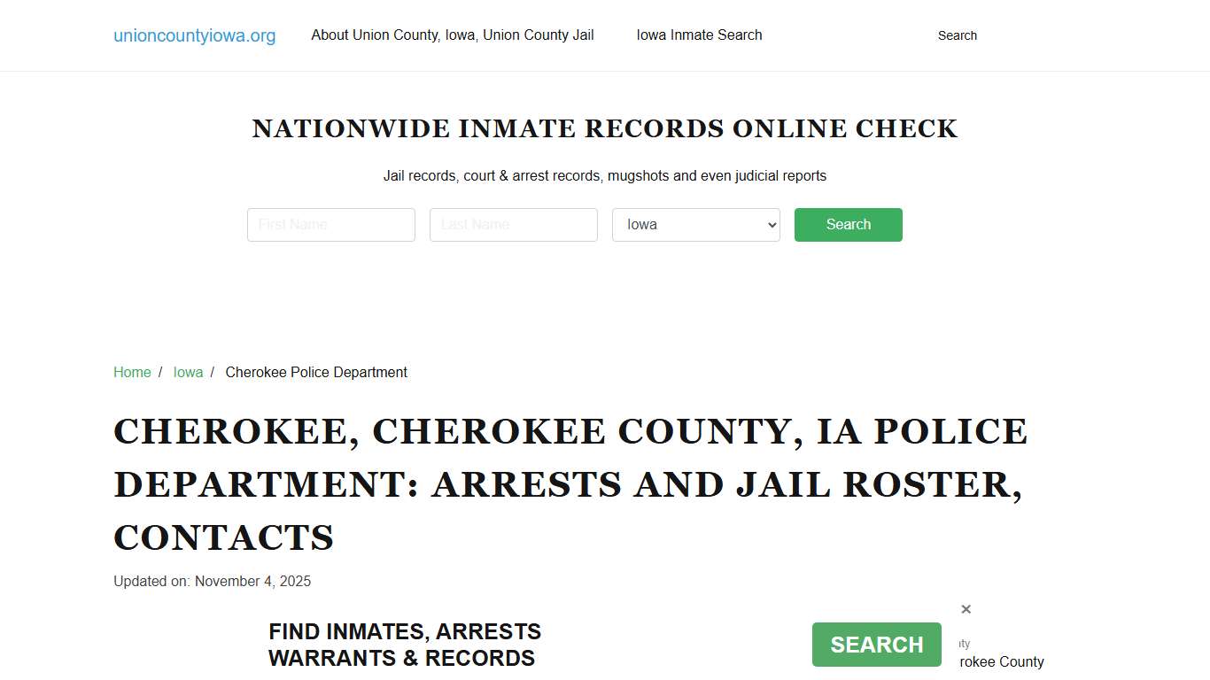 Iowa, Cherokee Police Department, Arrests, Jail Roster, Contacts
